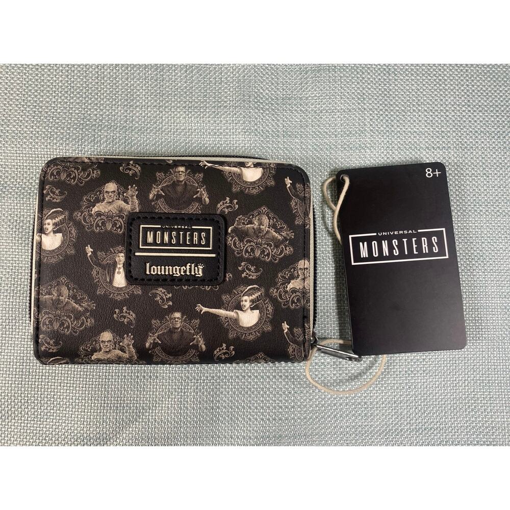 New Loungefly Universal Monsters Mini Zipper Wallet Portraits All Over Print NWT